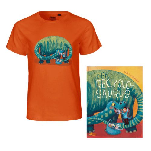 Orangefarbenes T-Shirt mit Dino-Aufdruck und Coverabbildung des Buches "Der Recyclosaurus"