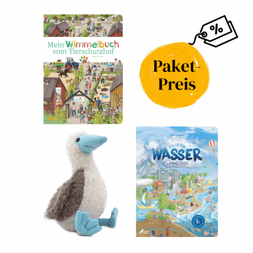 Paket mit Preisvorteil: "Mein Wimmmelbuch vom Tierschutzhof", "Das große Wasser-Wimmelbuch" plus Stofftier Bo Blaufuß