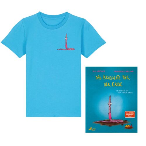 Blaues T-Shirt mit Regenwurm-Aufdruck und Coverabbildung des Buches "Das krasseste Tier der Erde"