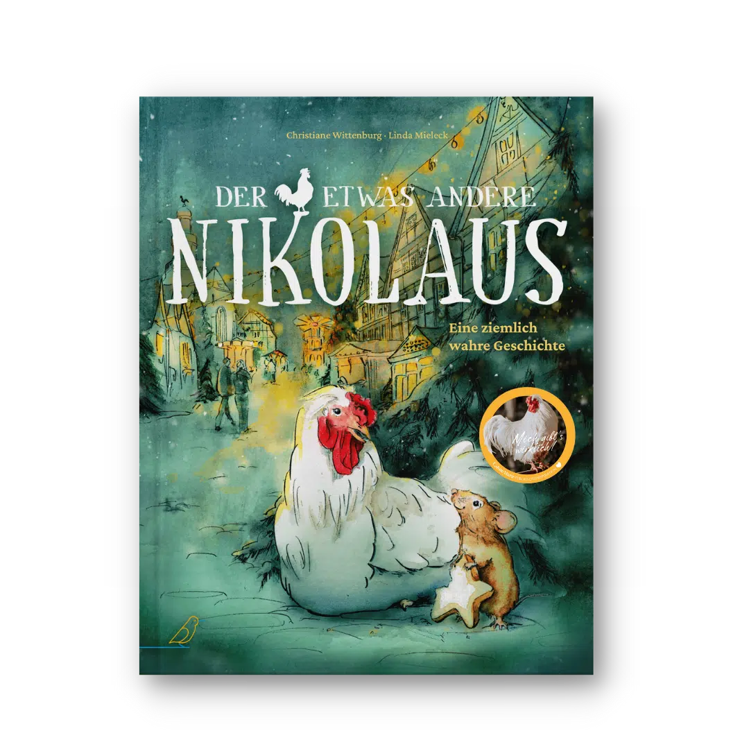 Buch-Cover: ein Huhn und eine Maus, die einen sternförmigen Keks isst, vor einer beschneiten, beleuchteten Stadt, "Der etwas andere Nikolaus"