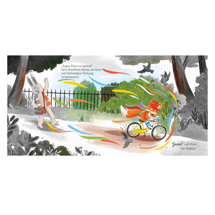 Innenseite " Finni Fantastisch ": Bild: Fuchs Finni fährt auf Fahrrad an Hasenpostbotin vorbei; Text: „Super-Finni ist zurück!”, lacht Postbotin Penny, als Finni mit flatterndem Umhang vorbeirauscht.