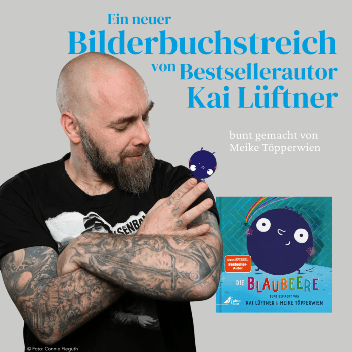 Bild von Autor Kai Lüftner mit Cover von "Die Blaubeere"