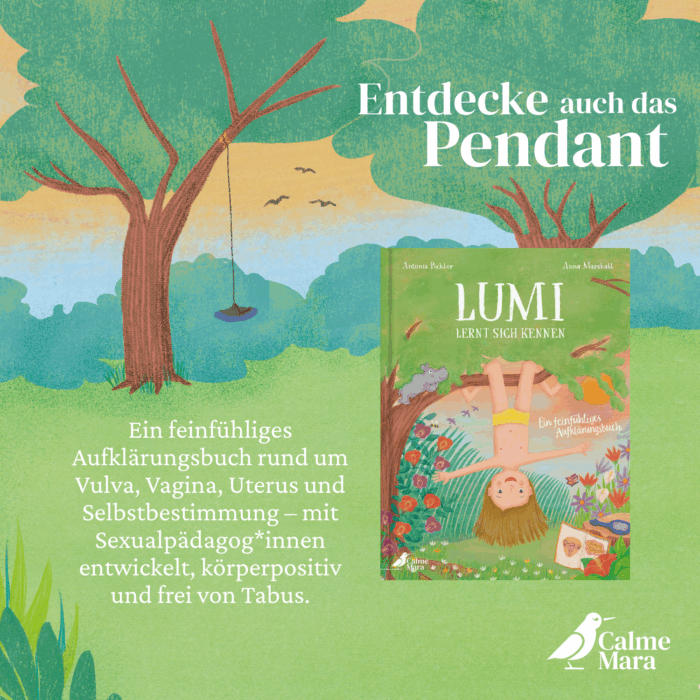 Hinweis darauf, dass es ein zugehöriges Buch gibt. "Lumi lernt sich kennen" mit Illustration aus dem Buch im Hintergrund und dem Buch abgebildet.