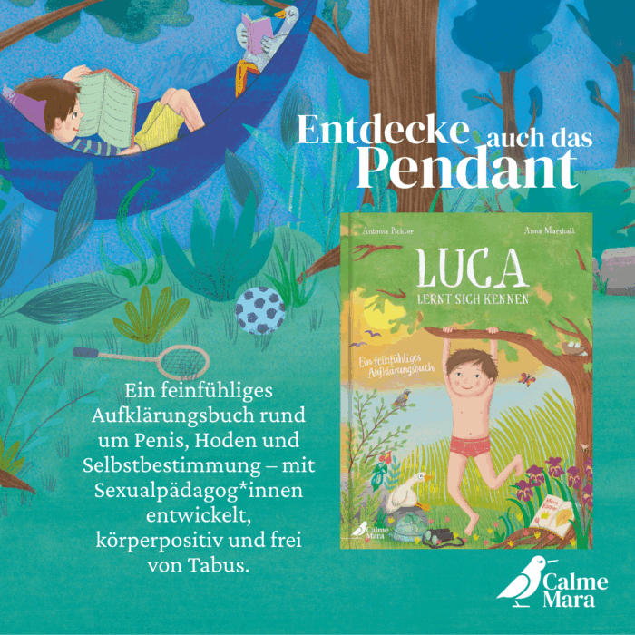 Hinweis darauf, dass es ein zugehöriges Buch gibt. "Luca lernt sich kennen" mit Illustration aus dem Buch im Hintergrund und dem Buch abgebildet.