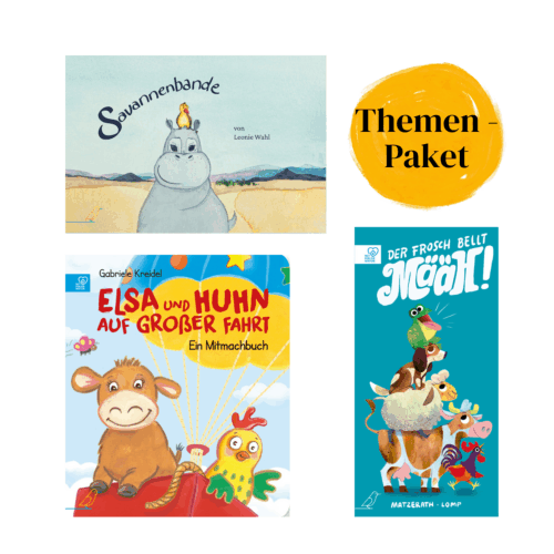 Themenpaket Pappbilderbücher: "Savannenbande", "Elsa und Huhn auf großer Fahrt", "Der Frosch bellt Määh"