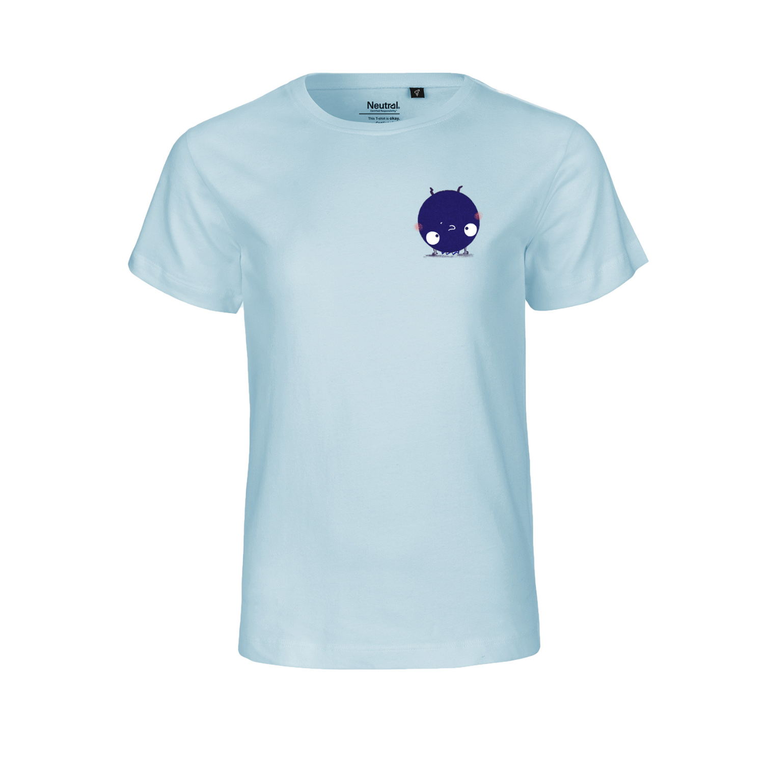 Hellblaues T-Shirt mit Blaubeere-Abbildung auf der linken Brust (Vorderansicht)