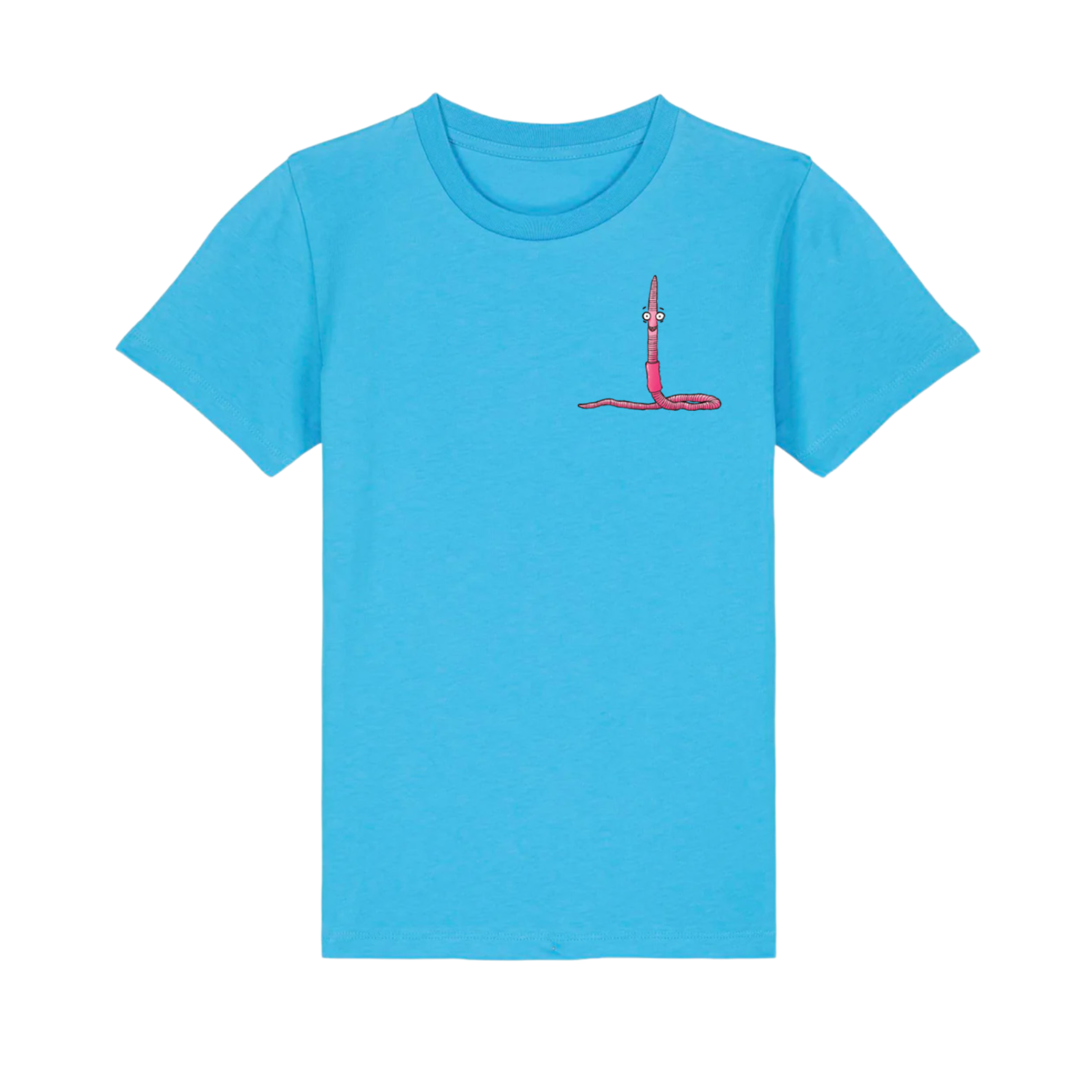 Blaues T-Shirt mit Regenwurm-Abbildung auf der linken Brust (Vorderansicht)